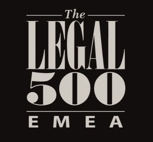 Logo of "The Legal 500 EMEA." The text is bold and prominent, with "The" positioned above "LEGAL 500," which is the main focus, followed by "EMEA" at the bottom. The overall design features a simple and elegant layout against a dark background.