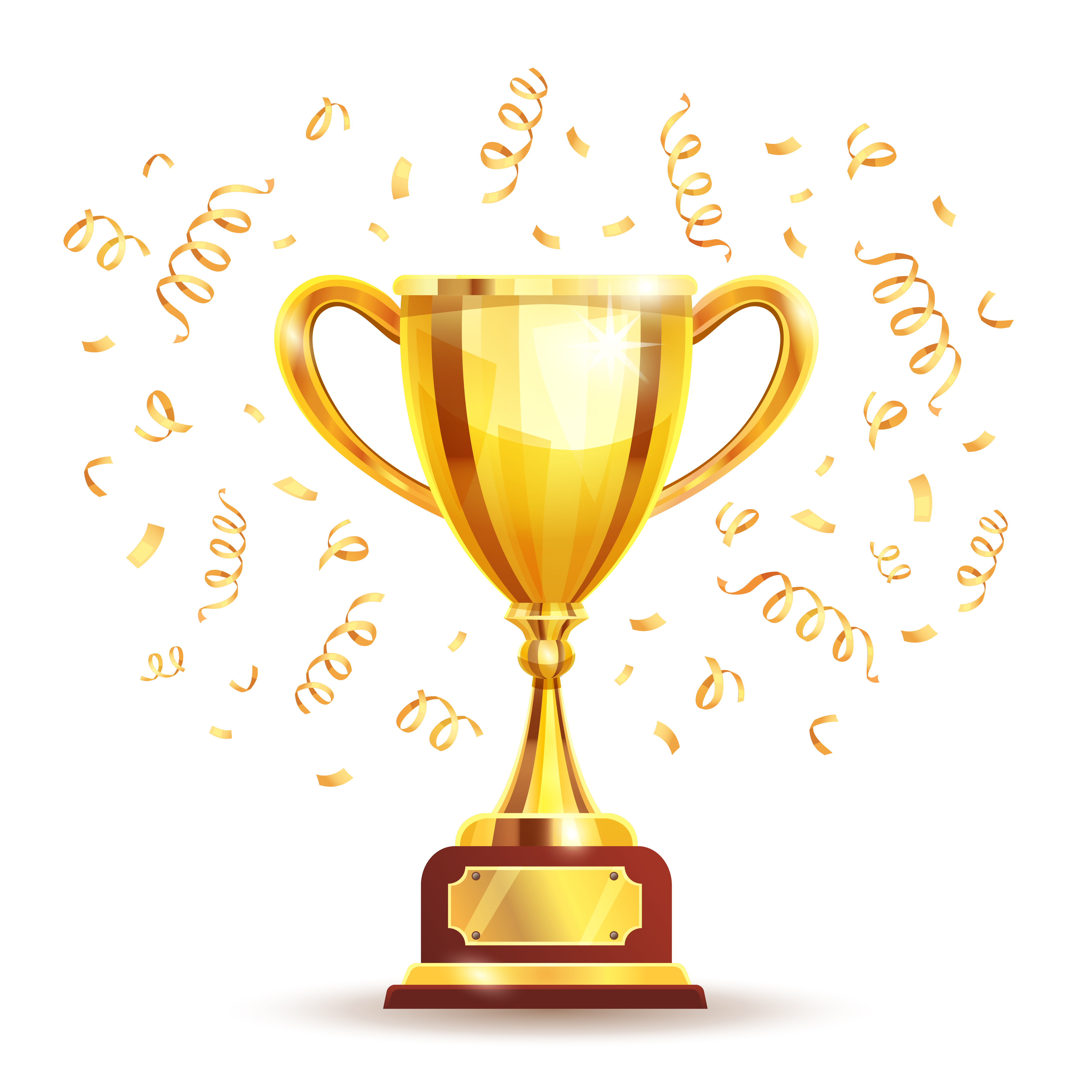 A shiny gold trophy with two handles stands on a wooden base, surrounded by swirling golden confetti. The trophy symbolizes achievement and success, showcasing a polished surface that reflects light.