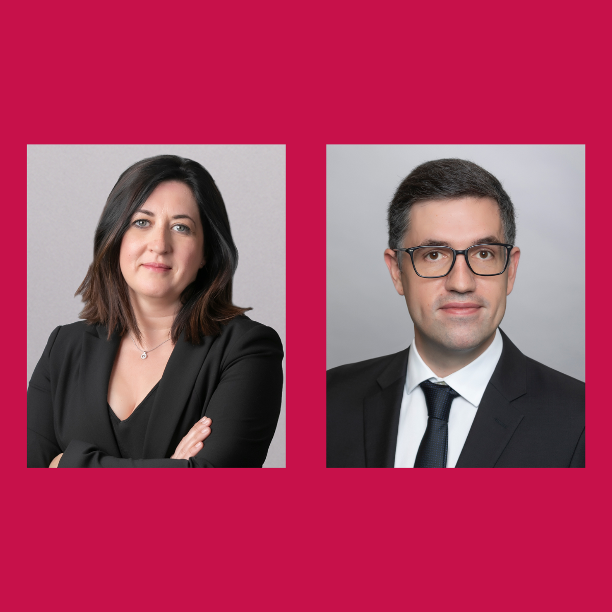 Two professional headshots side by side. The left image features a woman with long dark hair, wearing a black blazer, with arms crossed and a neutral expression. The right image features a man with short dark hair and glasses, dressed in a white shirt and black tie, looking directly at the camera.
