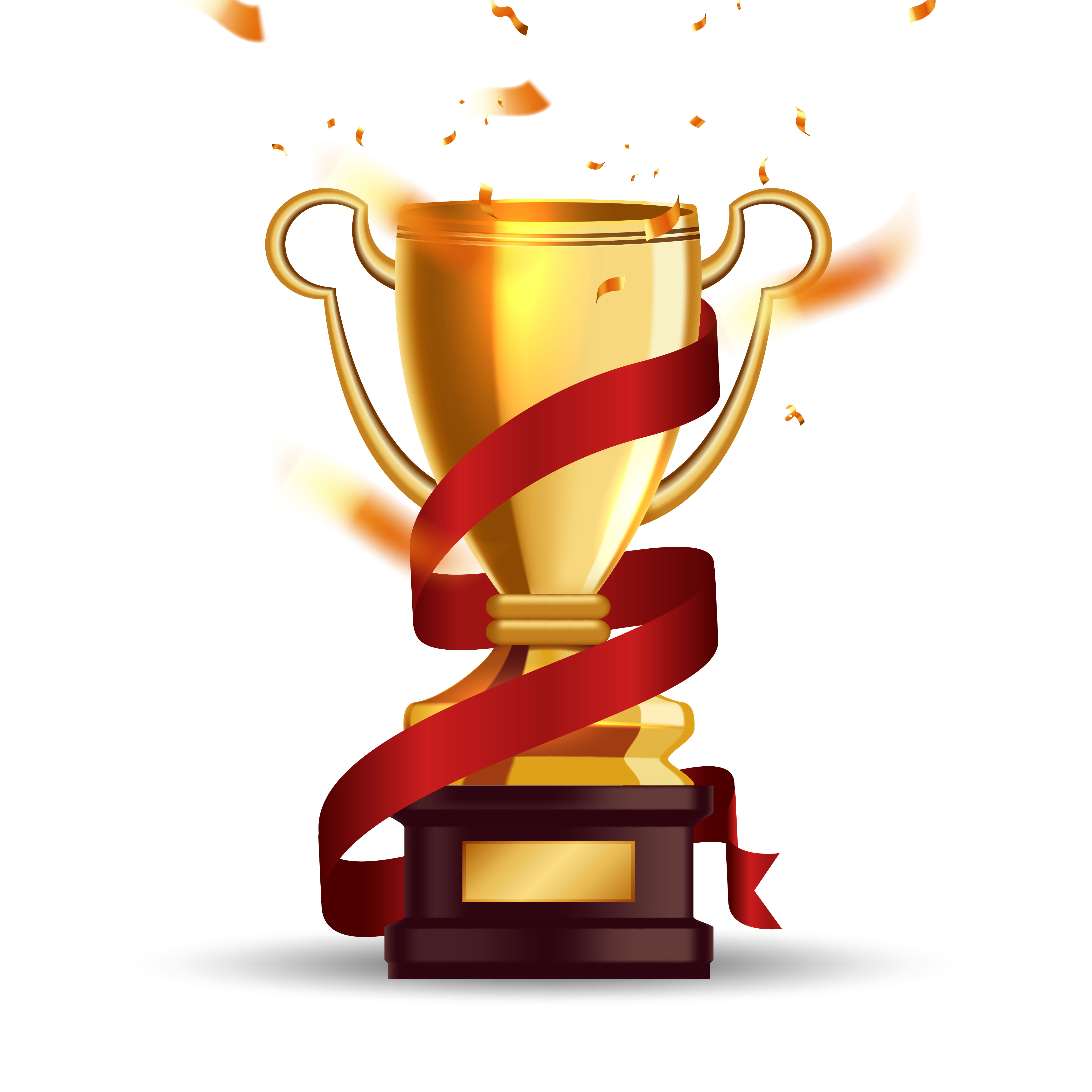 A shiny gold trophy with two handles is centered, adorned with a flowing red ribbon. The trophy sits on a dark stand, and the background is white. A few golden sparks are emitted from the top, symbolizing celebration and achievement.