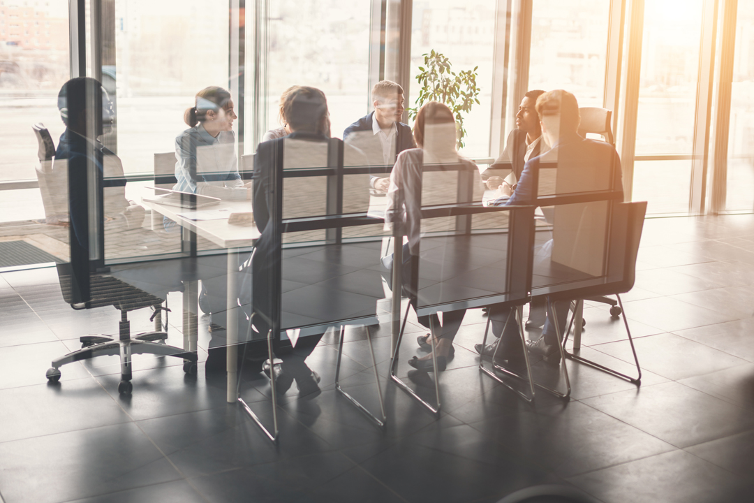 A group of people sits around a conference table in a modern office, engaged in discussion. Large windows allow natural light to flood the room, and a green plant is visible in the background. The atmosphere appears collaborative and professional.