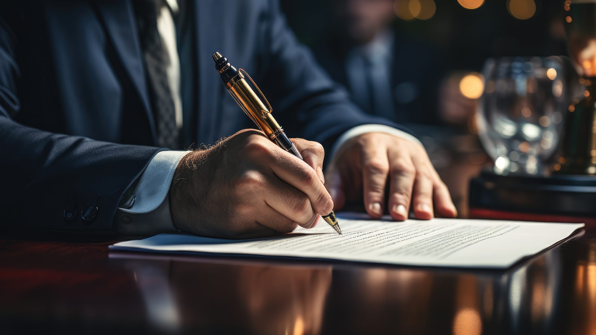 A close-up view of a hand holding a pen, signing a document on a wooden table. The person is wearing a formal suit. Soft lighting and blurred background elements suggest a sophisticated setting. A trophy and a glass can be seen to the side.