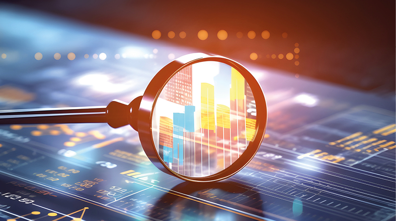 A magnifying glass focuses on a colorful bar chart, symbolizing data analysis and research. The background displays a digital interface with graphs and statistics, emphasizing the theme of insightful examination and exploration of information.