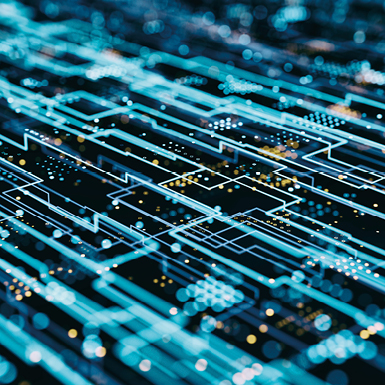 An abstract image featuring a network of glowing, interconnected lines and dots on a dark background. The design suggests a digital environment, resembling circuitry or data flow, with a focus on blue and bright accents creating a sense of depth and complexity.