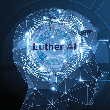 An abstract illustration features a digital head silhouette outlined with geometric lines and a network of interconnected nodes. The center displays a glowing circular graphic with the text "Luther.AI," symbolizing artificial intelligence and technology. The background is a deep blue with subtle circuit patterns.