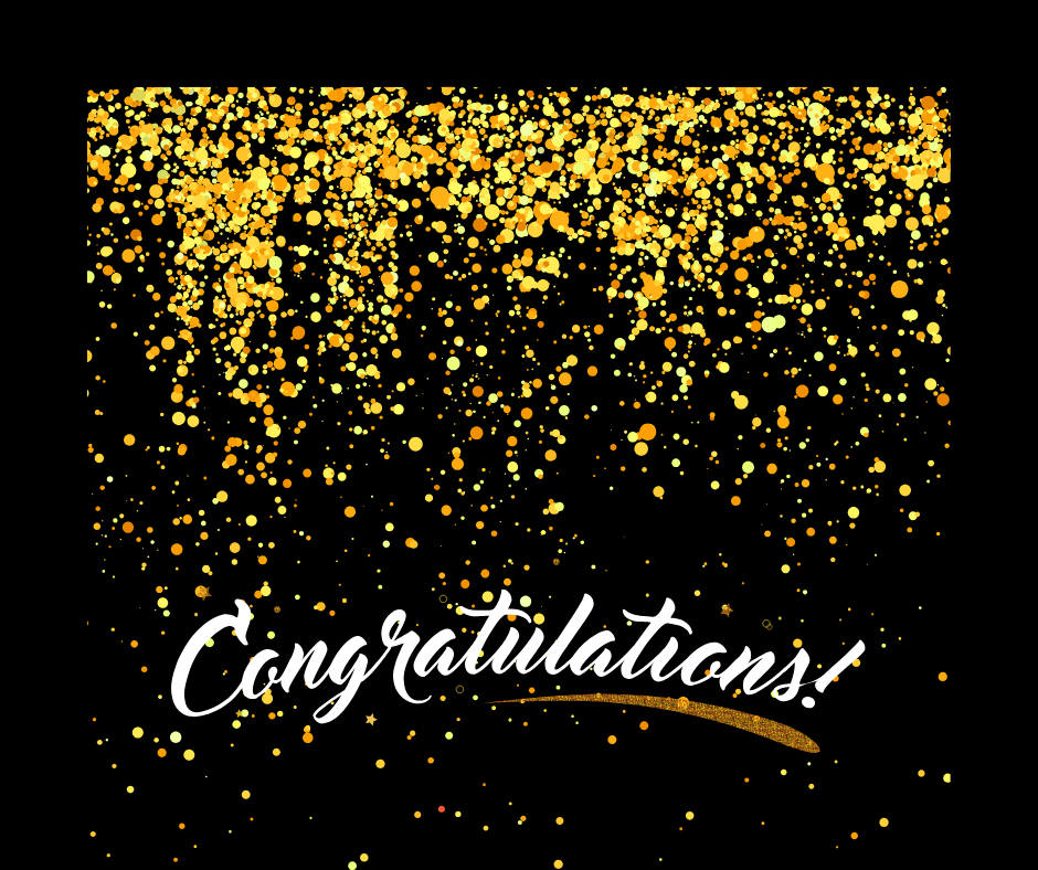 A festive design featuring a black background adorned with gold and yellow confetti-like dots. Prominently displayed in the center is the word "Congratulations!" in an elegant, flowing font, conveying a message of celebration and achievement.