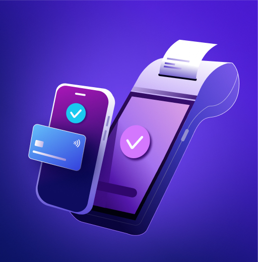 An illustration of a smartphone displaying a checkmark alongside a contactless payment card, positioned near a point-of-sale terminal with a receipt printing. The background is a gradient of purple, highlighting the transaction theme.