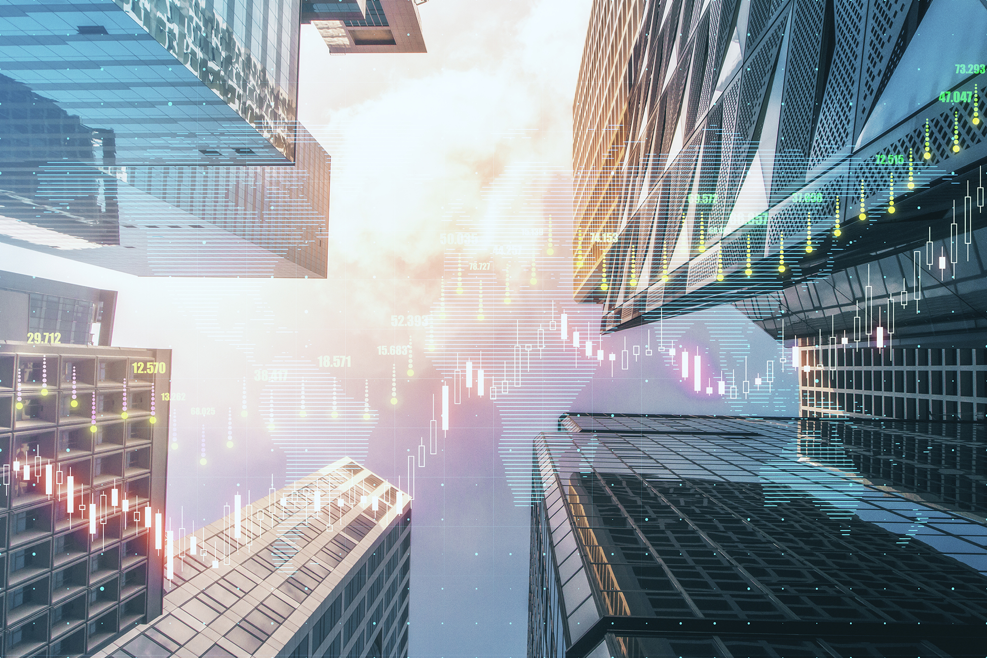 A view looking up at tall modern skyscrapers with digital financial graphs overlaying the image. The graphs feature bar charts and line trends in various colors, symbolizing economic data and market analysis against a cloudy sky backdrop.