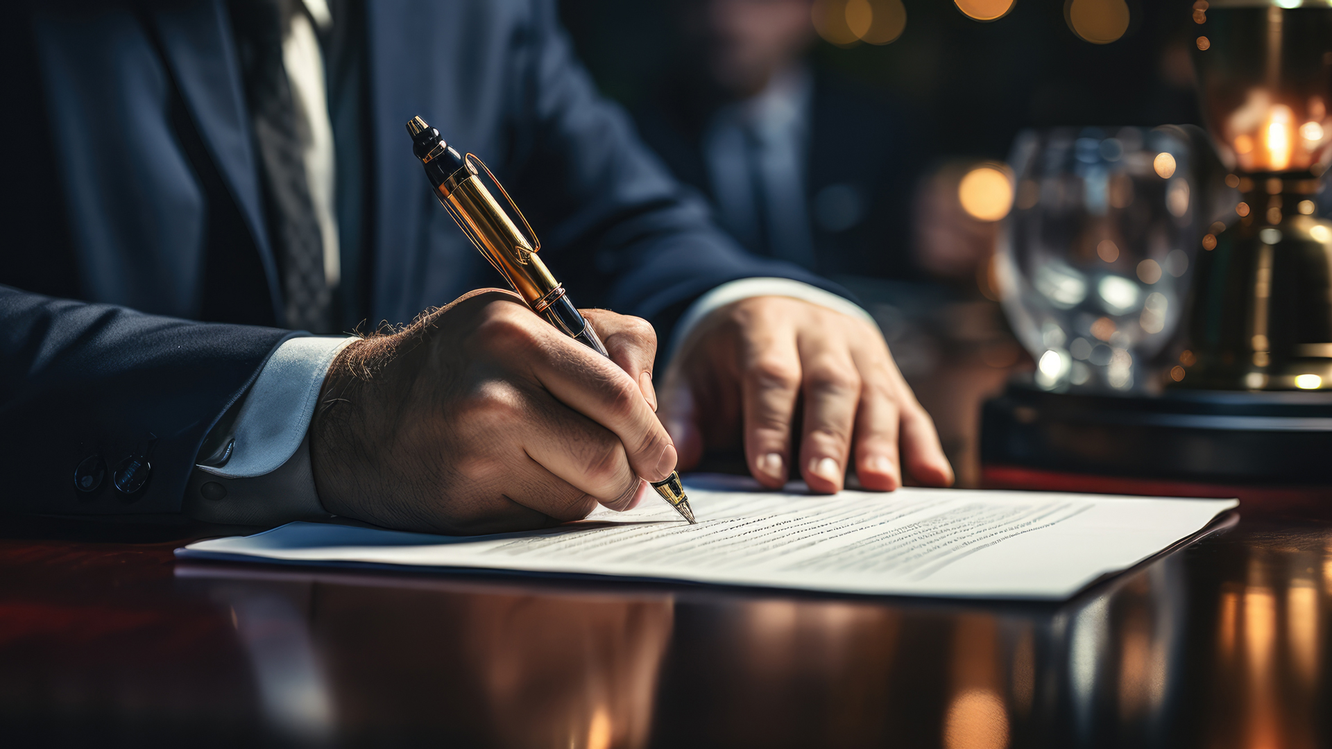 A close-up of a person's hand holding a golden pen, signing a document on a wooden table. The individual is dressed in a suit, and the setting has warm lighting creating a formal atmosphere.