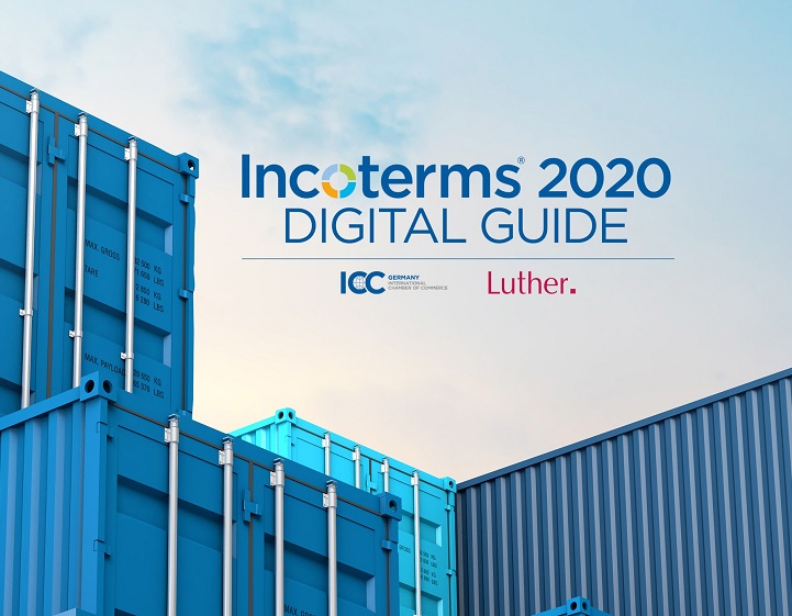 The image features various shipping containers in shades of blue, with text that reads "Incoterms® 2020 DIGITAL GUIDE" at the top, accompanied by logos for ICC Germany and Luther. The sky is visible in the background, emphasizing the theme of global trade.