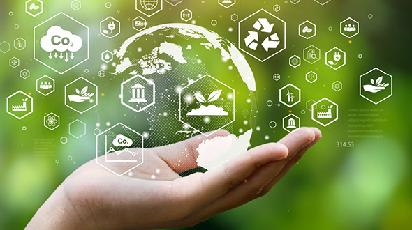 A hand offers a stylized globe with eco-friendly icons representing sustainability, carbon reduction, and renewable energy. The background features a soft green gradient, emphasizing themes of environmental protection and care for the planet.