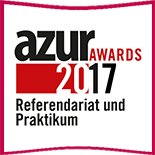 Logo for the Azur Awards 2017, featuring the words "azur AWARDS" prominently, along with "2017" and the subtitle "Referendariat und Praktikum". The design incorporates a mix of red and black colors.