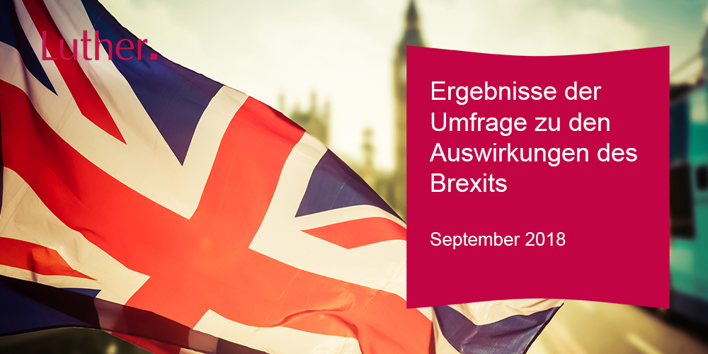 The image features a Union Jack flag in a blurred background, accompanied by a pink box containing German text that translates to "Results of the survey on the impacts of Brexit" and the date "September 2018."
