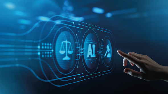A hand reaches toward a digital interface displaying three icons: a scale symbolizing justice, the abbreviation "AI," and a gavel. The image highlights the intersection of law and artificial intelligence. The background features a futuristic, blue-toned design.