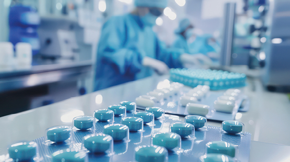 A laboratory scene shows two healthcare workers in blue scrubs and masks, handling medication. In the foreground, there are rows of blue and white pills arranged neatly, highlighting a focus on pharmaceutical preparation and quality control processes.