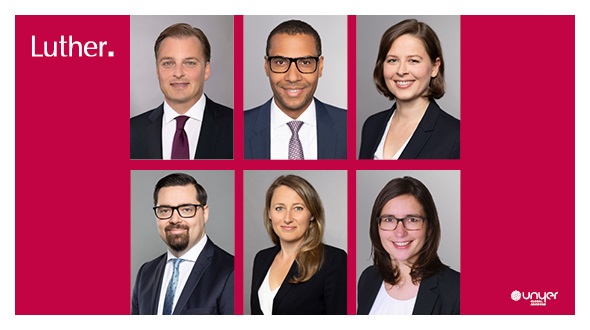 The image features six professional headshots of individuals arranged in two rows. Each person is dressed in business attire, and they are positioned against a neutral background. The text "Luther." is prominently displayed on the left side.