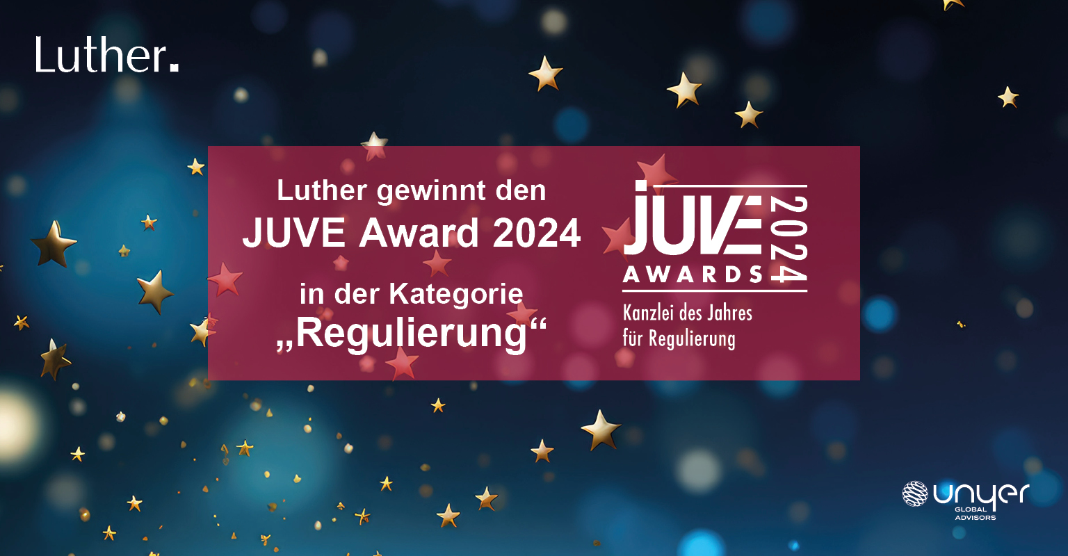 Luther wins the JUVE Award 2024 in the category of "Regulation." The image features a starry background with the award title prominently displayed against a colored banner. The message highlights Luther's achievement in the legal field.