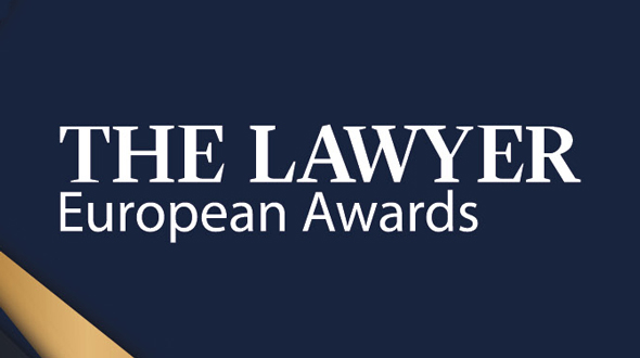 The image displays the text "THE LAWYER European Awards" in a prominent, bold font. The background is dark blue, and there is a subtle gold element in the corner. The overall design conveys a sense of elegance associated with an award ceremony.