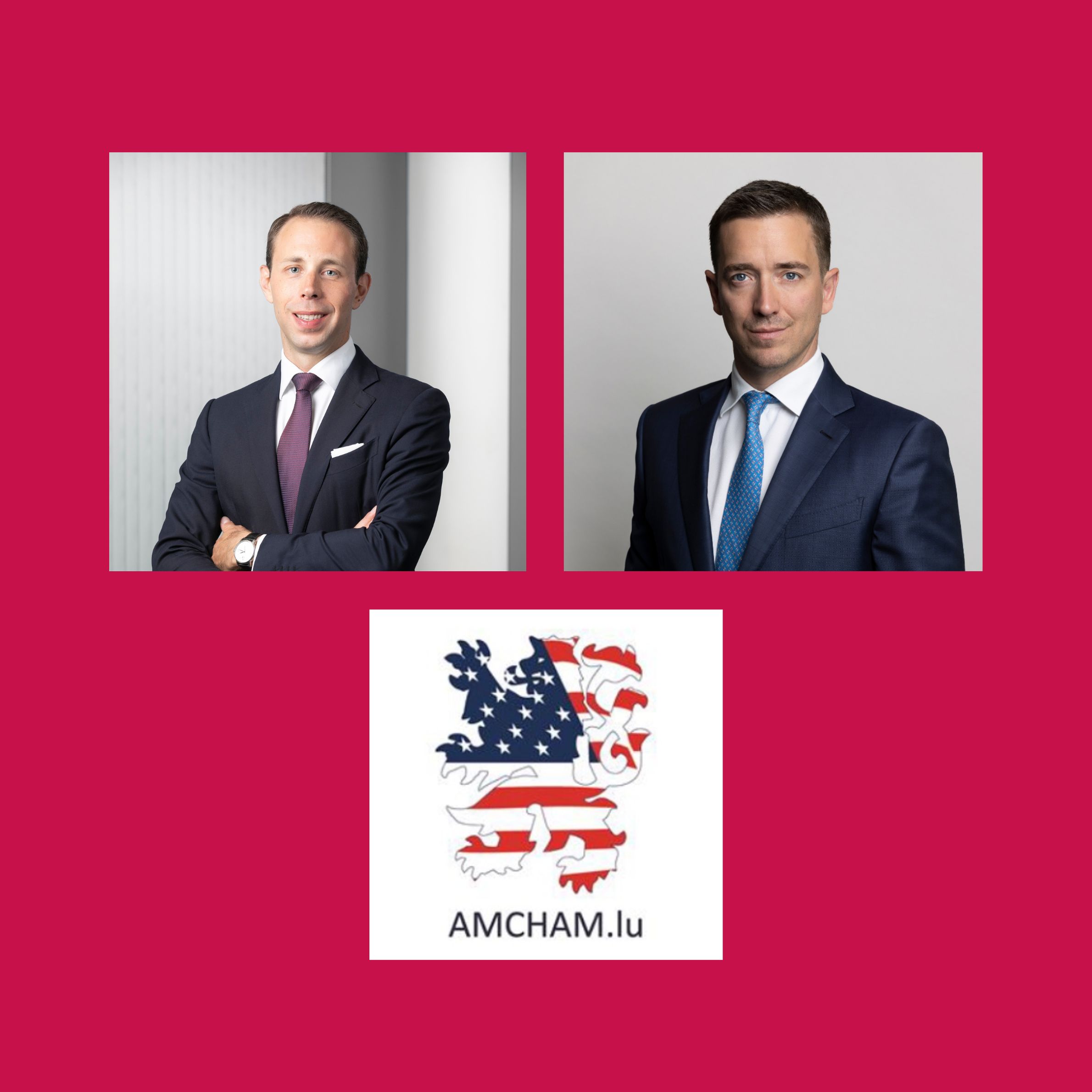 The image features two professional men in business suits, each posing confidently. Below them is the AMCHAM.lu logo, which incorporates elements of the American flag and a stylized emblem. The background is a solid pink color.