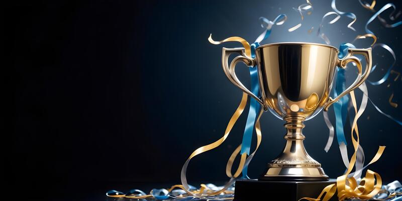 A shiny gold trophy sits on a dark surface, symbolizing achievement. Colorful blue and gold ribbons are scattered around it, adding a celebratory touch. The background is dimly lit, highlighting the trophy as the focal point of the image.