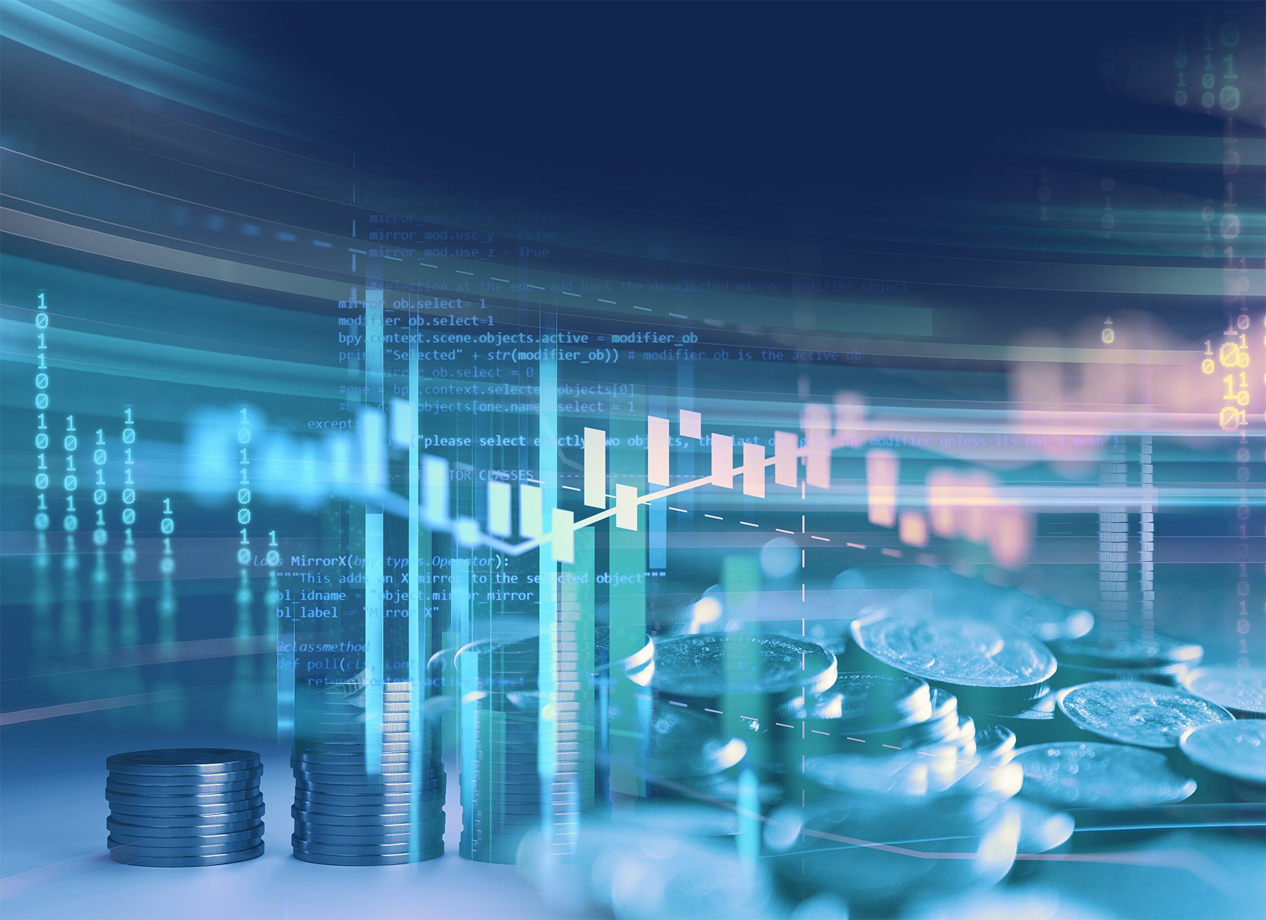Abstract digital illustration featuring stacks of coins in the foreground, with a blurred graph overlay showing fluctuating financial data in vibrant colors. The background includes lines of code and binary numbers, symbolizing financial technology and data analysis.