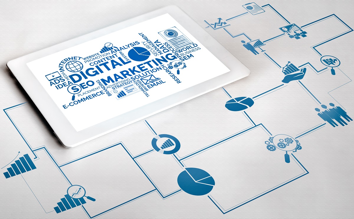An image of a tablet displaying a word cloud related to digital marketing, featuring terms such as "SEO," "content," "data," and "e-commerce." Surrounding the tablet are blue graphics representing charts, workflows, and analytics, illustrating the interconnected aspects of digital marketing strategies.