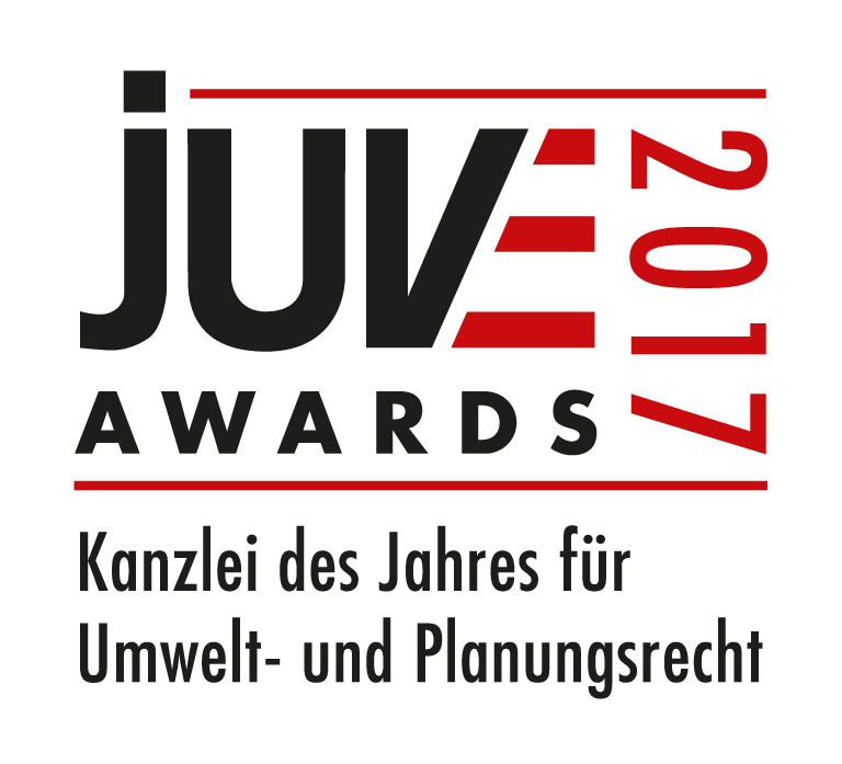 Award logo for the JUVE Awards 2017, featuring the text "JUVE AWARDS" prominently. Below, it states "Kanzlei des Jahres für Umwelt- und Planungsrecht," indicating the award is for the law firm of the year in environmental and planning law.